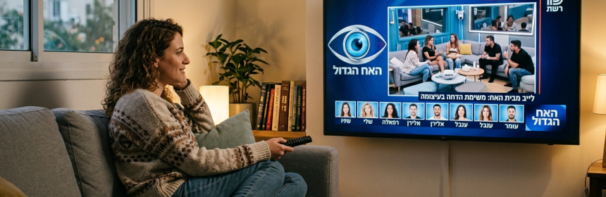 אילוסטרציה אישה מול טלוויזיה צופה האח הגדול ,נוצר על ידי AI